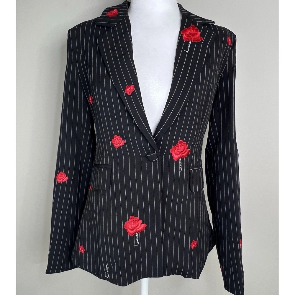 L'atiste Embroidered Rose Pinstripe Blazer Fitted Jacket Women S Artsy